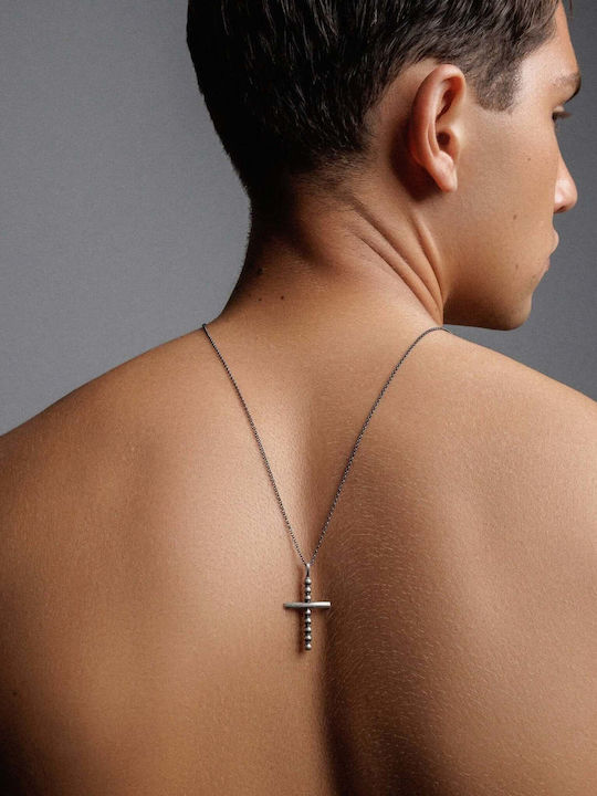 Männlicher Kreuz mit Perlen Handgefertigt Oxidiertes Silber 925 mit Kordel Techno-Leder