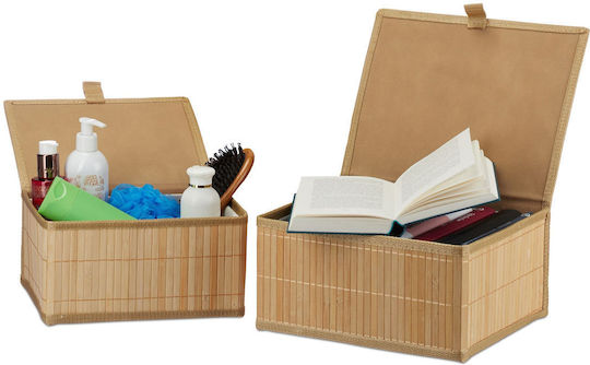 Relaxdays Καλάθι Αποθήκευσης Bamboo με Καπάκι Μπεζ 14x30x23cm 2τμχ