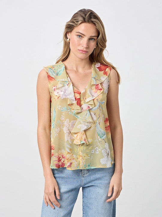 Women's Sleeveless Blouse with V Neckline Floral Olive