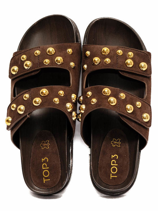 Leather Women's Flat Sandals Brown
