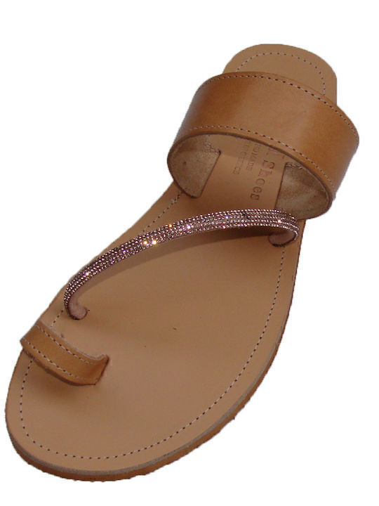 Leather Women's Flat Sandals Tabac Brown