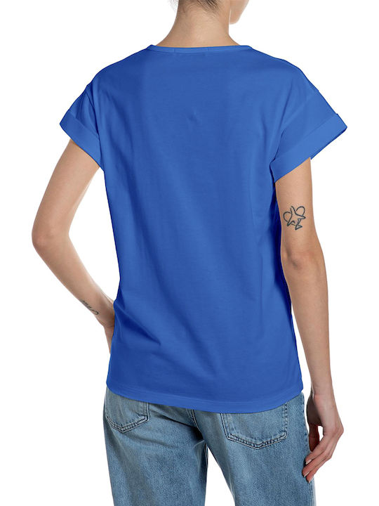 Replay Damen T-Shirt Weiß-Blau