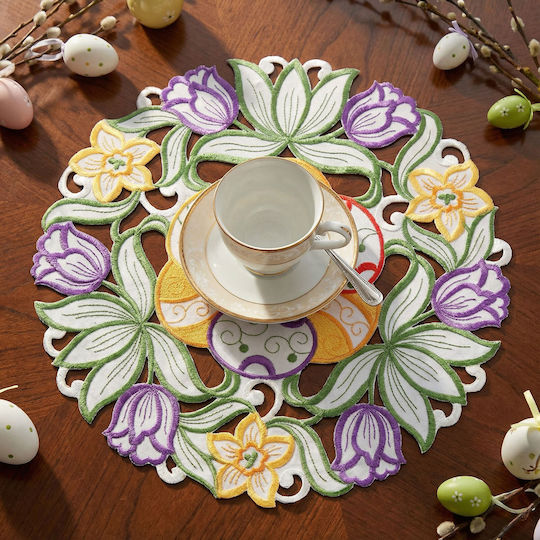 Easter Embroidered Table Mat Ø35 Cm Festive Table Decor Egg Flower Pattern Textile Mat