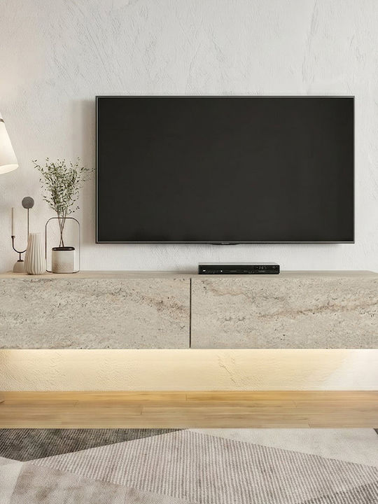 TV Stand Aristo from Metal & Wood with LED Lighting Travertine L135xW31.6xH25cm