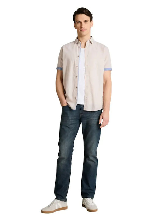 Short Sleeve Linen Shirt in Regular Fit Striped Beige