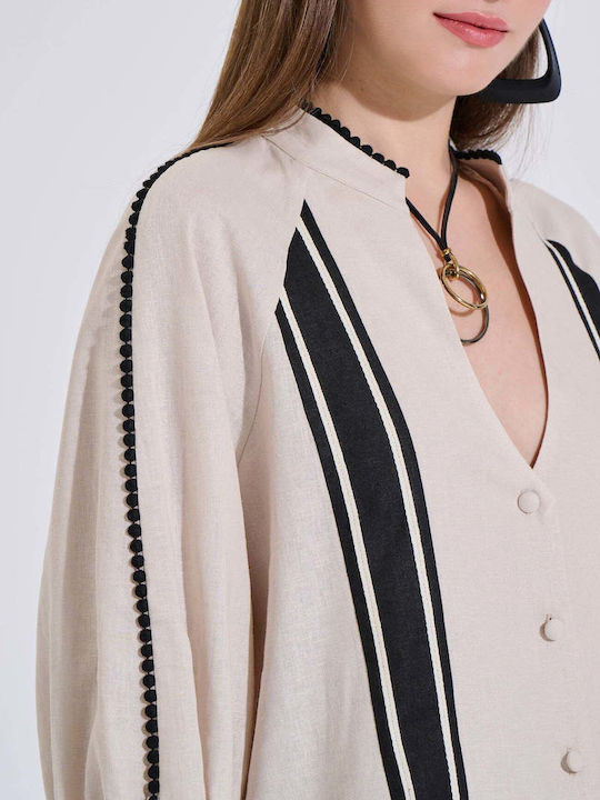 Long Sleeve Women's Linen Shirt Beige Striped 10-280582-0