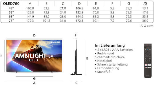 Philips Smart Τηλεόραση 48" 4K UHD OLED 4K Ambilight TV HDR (2025) 48OLED760/12