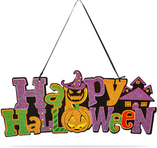 Decorațiune Halloween Happy Halloween Agățabilă Din Mdf 42 5 X 18 Cm Portocalie Violetă Neagră Sclipitoare