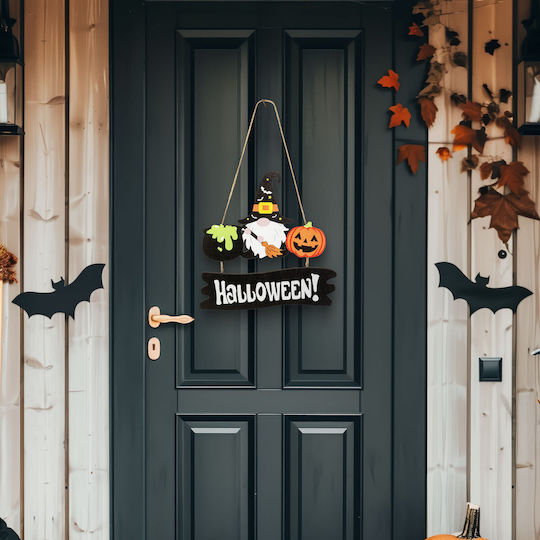 Decoratiune Din Lemn De Halloween Elf Care Poate Fi Agatat 24 X 15 Cm Elf Dovleac Negru