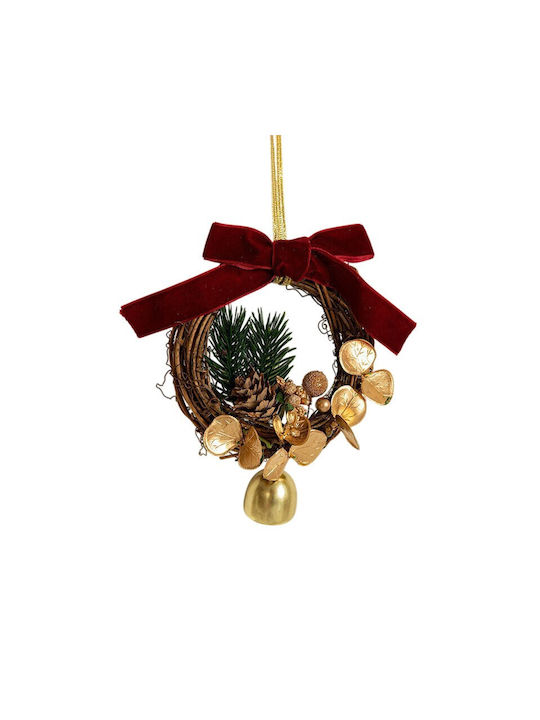 Coroniță Tip Ornament De Crăciun Pentru Brad 1 Clopoțel Flori Aurii Conuri De Pin Panglică Catifea Roșie 14 X 10 Cm Panglică Roșie Flippy