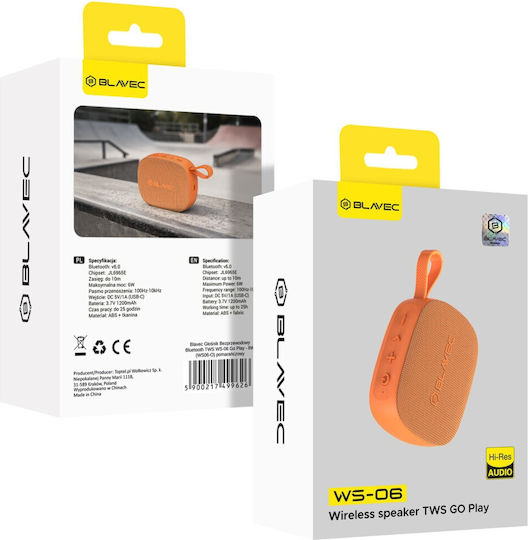 Blavec Bluetooth Speaker 6W with Battery Life up to 25 Hours Orange WS06-O