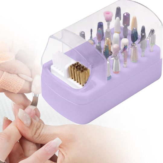 Box 30 Slots Nail Drill Bits & Cleaning Brush Purple