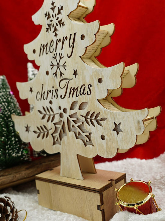 Arbore Decorativ De Crăciun Iluminat Design Cu Inscripție "Merry Christmas" Alb Lungime 11 Cm Lățime 5 Cm Înălțime 30 Cm Lemn Interior Exterior