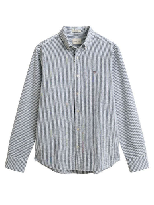 Seersucker Long Sleeve Cotton Shirt in Regular Fit Striped Sky Blue