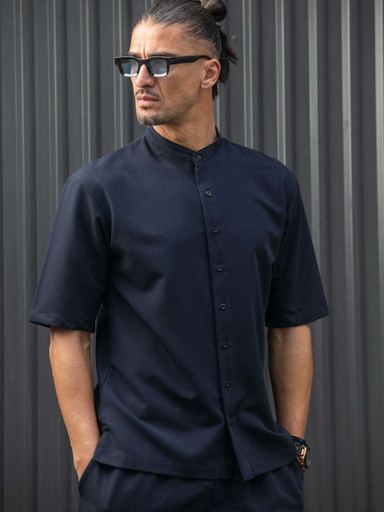 Short-sleeved Shirt in Wide Line Dark Blue