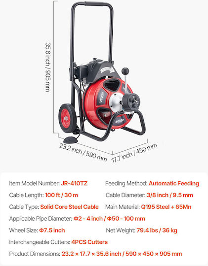 Vevor Drain Cleaning Machine 30m X 9.5mm Automatic Feed 4 Cutters Zdjjklsgdstjzrvu4002v2