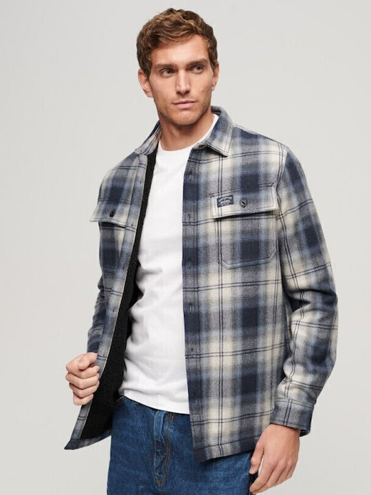 Long Sleeve Overshirt in Wide Line Checked Blue