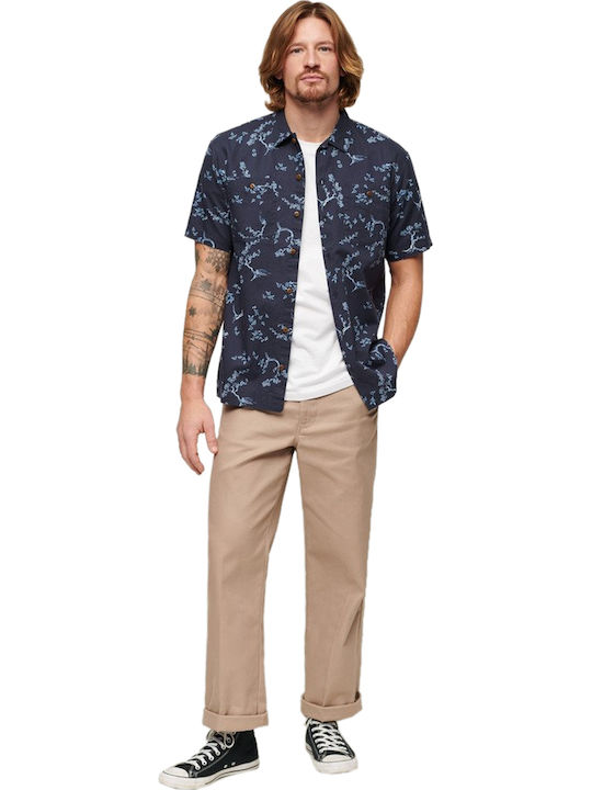Ovin Short-sleeved Linen Shirt Floral Blue