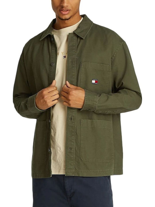 Long Sleeve Denim Overshirt in Oversized Line Olive