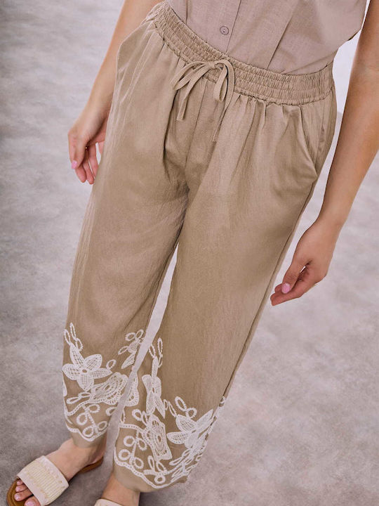 Celestino Women's Pantaloons Embroidery at the Hem Loose Fit Light Brown