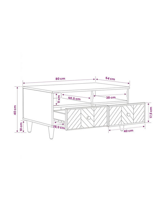 Rectangular Central Coffee Table Made of Solid Wood with Drawers Brown L80xW54xH40cm