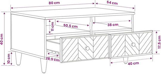 Măsuță Centrală Rectangulară din Lemn Masiv cu Sertare Maro M80xL54xÎ40cm