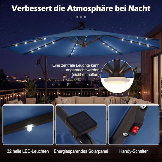 Umbrelă De Pardoseală Rotundă Metalică Albastră Cu Bază De Susținere Și Iluminare LED Φ3m