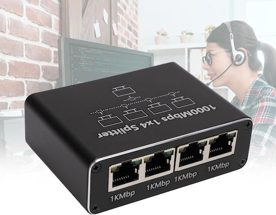Splitter Rețea Ethernet Zola 4 Porturi Rj45 Viteză 1 Gb S Compatibil Cat5e Cat6 Cat7 Cat8 Alimentare Usb 8.5 X 6 X 2.5 Cm Negru