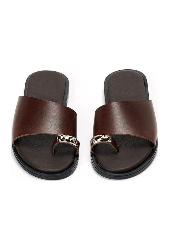 Leather Women's Flat Sandals Brown