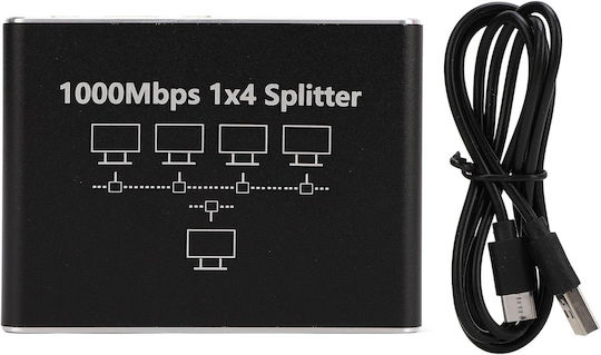 Splitter Rețea Ethernet Zola 4 Porturi Rj45 Viteză 1 Gb S Compatibil Cat5e Cat6 Cat7 Cat8 Alimentare Usb 8.5 X 6 X 2.5 Cm Negru