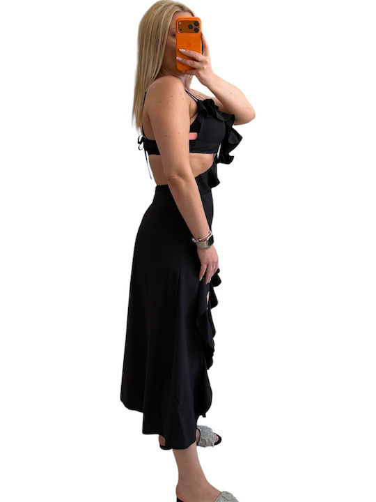 Sommer Midi Abendkleid mit Rüschen Schwarze