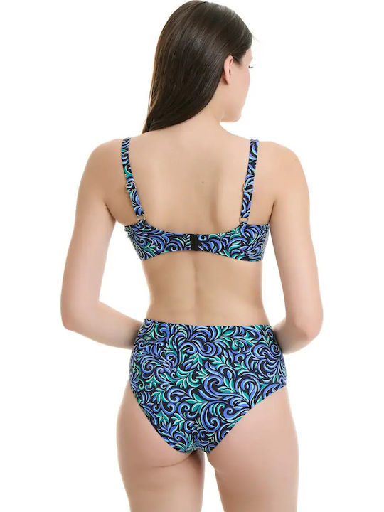 Set Bikini Hohe Taille Blau Grün Muster