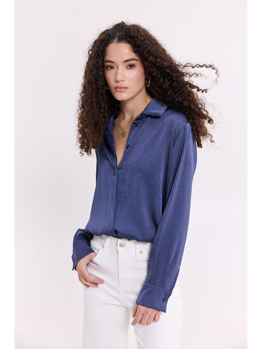 Long Sleeve Women's Satin Shirt Blue