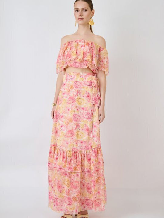 Σατέν Maxi Φούστα Φάκελος Floral Ροζ