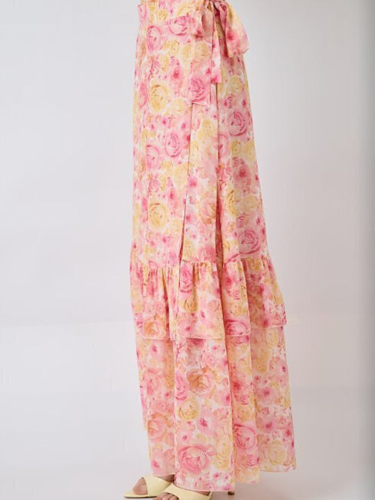 Σατέν Maxi Φούστα Φάκελος Floral Ροζ