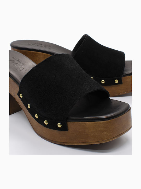 Suede Damen Pantoletten mit Hoch Absatz in Schwarz Farbe