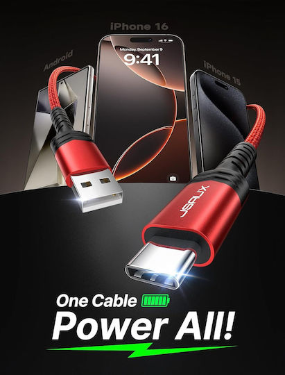 Jsaux Cablu USB 2.0 Împletit USB-C Mascul - USB-A 18W Roșu 2m