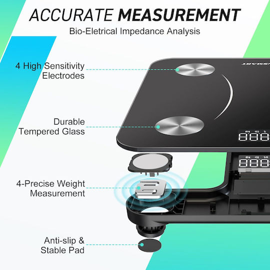 Insmart Smart Cantar De Baie 180kg Cu Analizator De Grăsime Corporală Și Bluetooth Negru