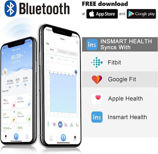 Insmart Smart Cantare De Baie 180kg Cu Analizator De Grăsime Corporală Și Bluetooth Verde