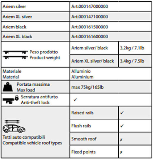 Menabo – Car Roof Bars Anodized Aluminum Ariem XL Black 131.5cm Key Flush Raised Rails Safe Load Transport – 2 Pieces 16160/mb 16160/mb