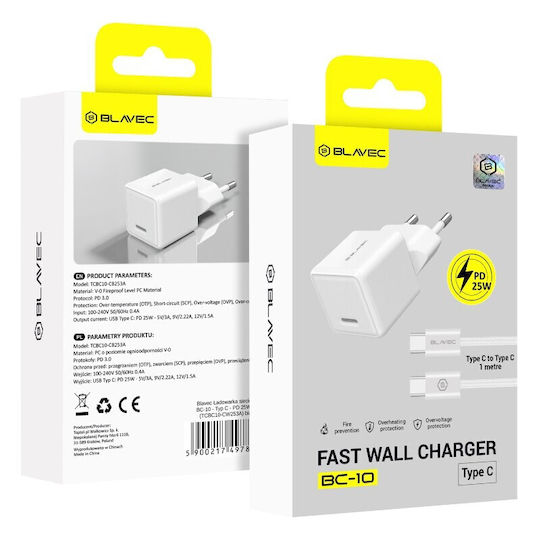 Blavec Handyladegerät mit USB-C Ausgangsanschluss und Kabel USB-C - USB-C 25W Stromlieferung Weiß (BC-10)