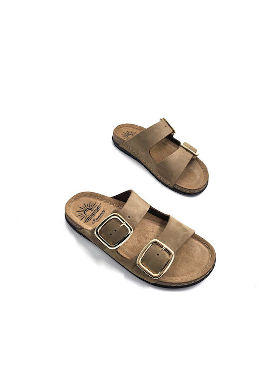 Leather Women's Flat Sandals Khaki