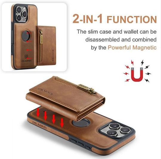 Dg.ming M5 Series Iphone 16 Pro Zip Rfid Multi Card Detachable Θήκη Δερματίνης Brown