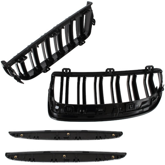 Bmw 3 E90 E91 04-09 Sedan Wagon Grille Between Headlights Kidneys Left + Right Set Black Glossy Double Bar Curved Slats