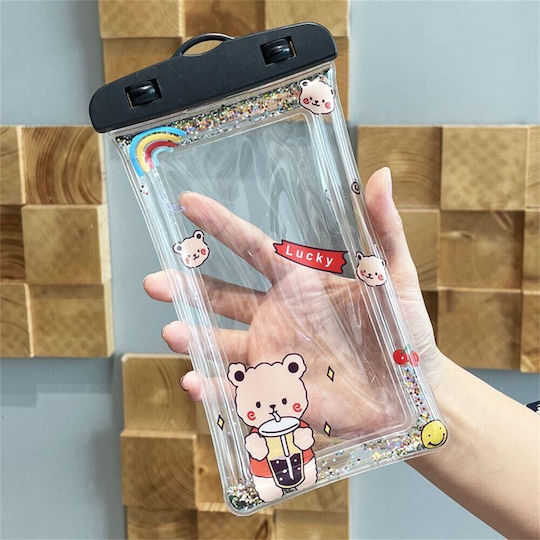 Flippy Glitter Kids Waterproof Underwater Case Snowproof Universal Lanyard Phone Documents Lucky Bear Black