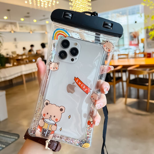 Flippy Glitter Kids Waterproof Underwater Case Snowproof Universal Lanyard Phone Documents Lucky Bear Black
