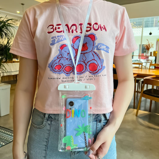 Flippy Glitter Kids Waterproof Underwater Case Snowproof Universal Lanyard Phone Documents Dino White