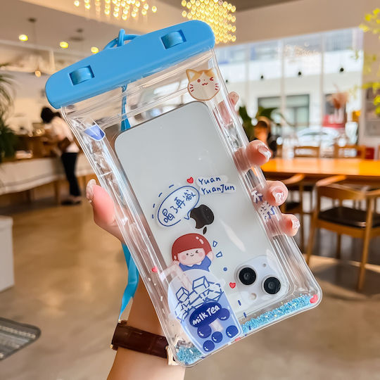 Flippy Glitter Kids Waterproof Underwater Case Snowproof Universal Lanyard Phone Documents Tea Girl Blue