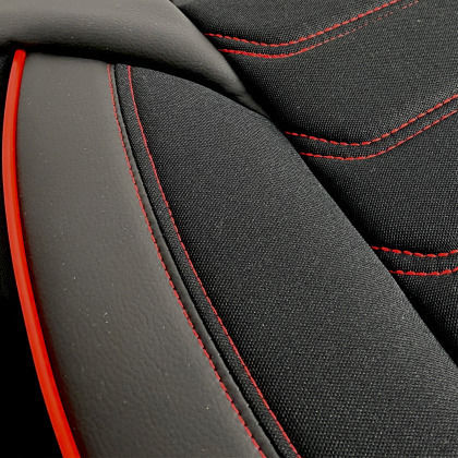 3D Leather Car Seat Covers Streetech Carbon Black Red Stitching