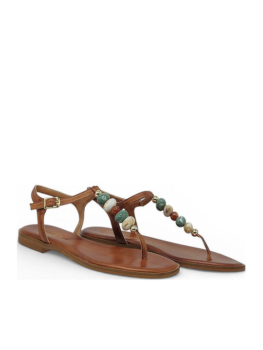 Leather Women's Flat Sandals Tabac Brown